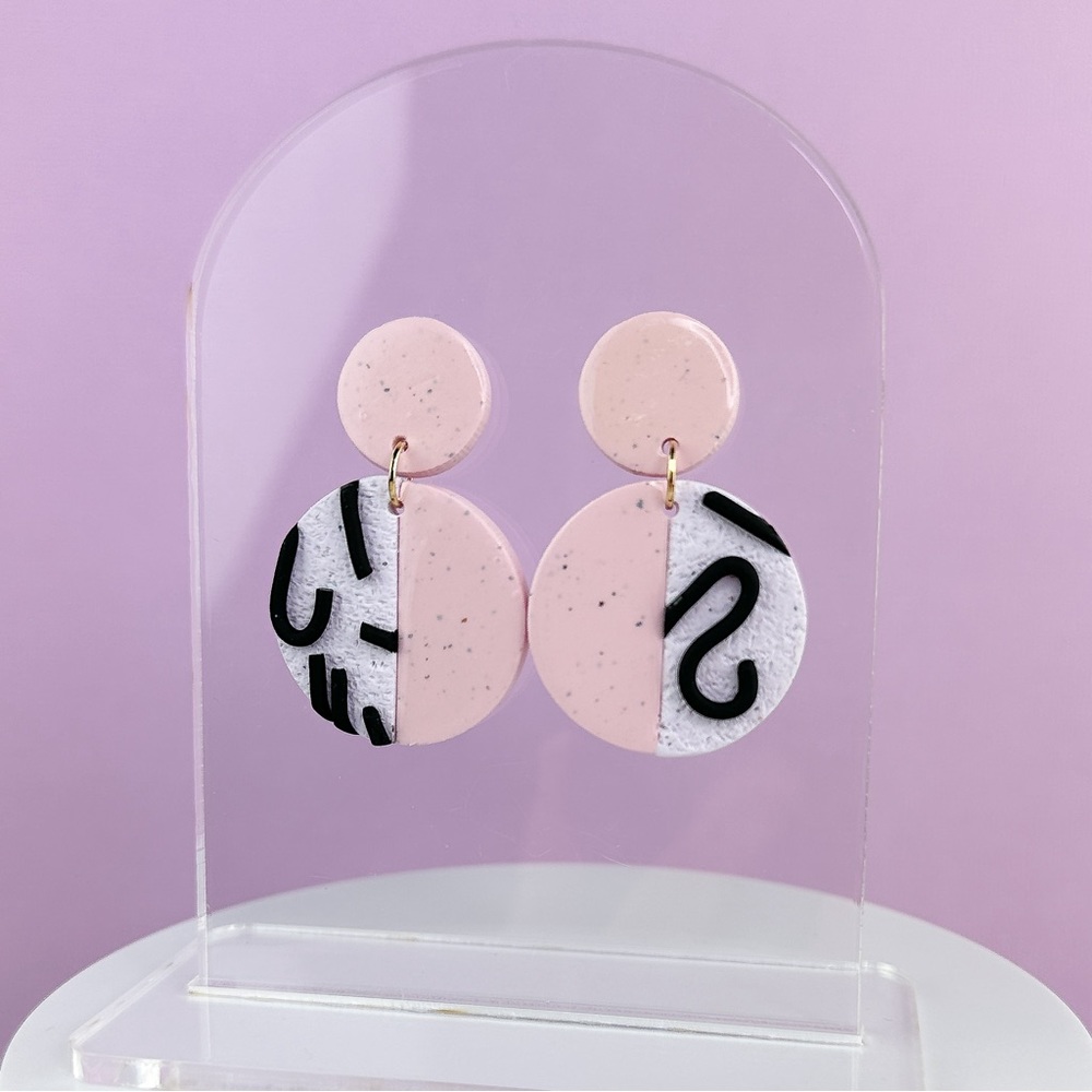 Funky Abstract Handmade Polymer Clay Round Half Design Dangle Earrings